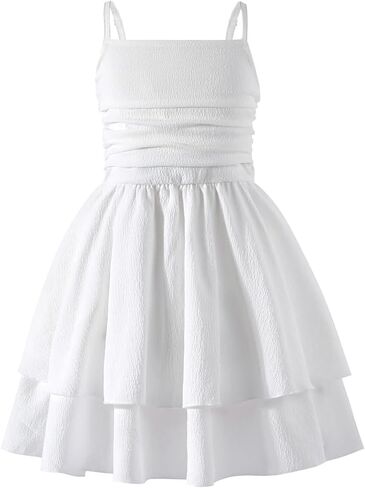 5-14Y Plus Size Girl Spaghetti Strap Dress Ruched Smocked Back with Pockets Layer Ruffle Hem Casual Dress for Kids in Saudi Arabia