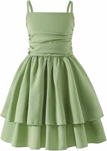 5-14Y Plus Size Girl Spaghetti Strap Dress Ruched Smocked Back with Pockets Layer Ruffle Hem Casual Dress for Kids in Saudi Arabia