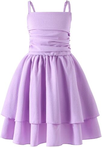 5-14Y Plus Size Girl Spaghetti Strap Dress Ruched Smocked Back with Pockets Layer Ruffle Hem Casual Dress for Kids in Saudi Arabia
