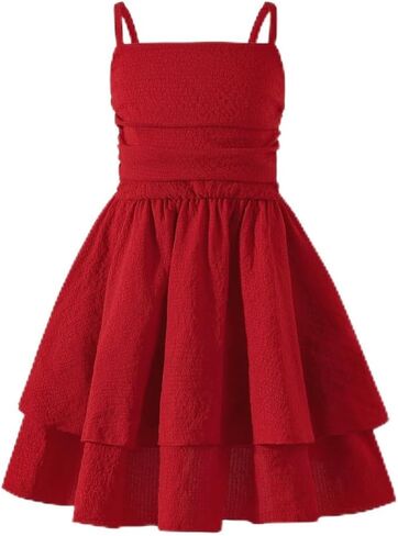 5-14Y Plus Size Girl Spaghetti Strap Dress Ruched Smocked Back with Pockets Layer Ruffle Hem Casual Dress for Kids in Saudi Arabia