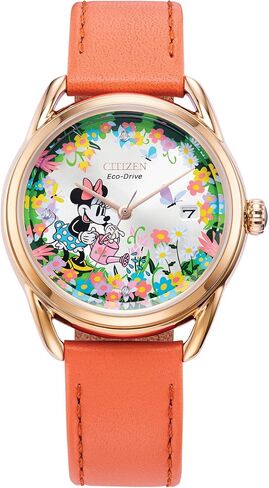 Citizen Eco-Drive Ladies' Disney Minnie Mouse Gardening Watch, Gold Tone with Coral Strap, Floral, 3-Hand Date, 36mm (Model: FE6087-04W) in Kuwait