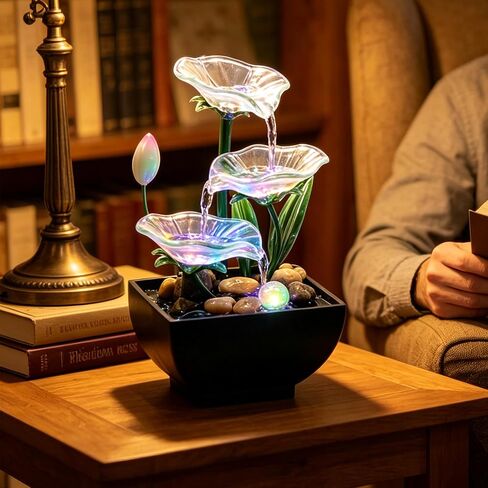 AOZITA Tabletop Water Fountain,3-Tier Transparent Acrylic Lotus Leaf Zen Fountain,Indoor Water Feature with LED Bead,Lotu Bud for Home Office Decor,Relaxing Water Sound,Feng Shui Decor in Kuwait