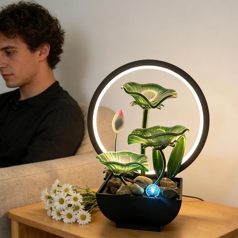 AOZITA Tabletop Water Fountain,3-Tier Transparent Acrylic Lotus Leaf Zen Fountain,Indoor Water Feature with LED Bead,Lotu Bud for Home Office Decor,Relaxing Water Sound,Feng Shui Decor in Kuwait