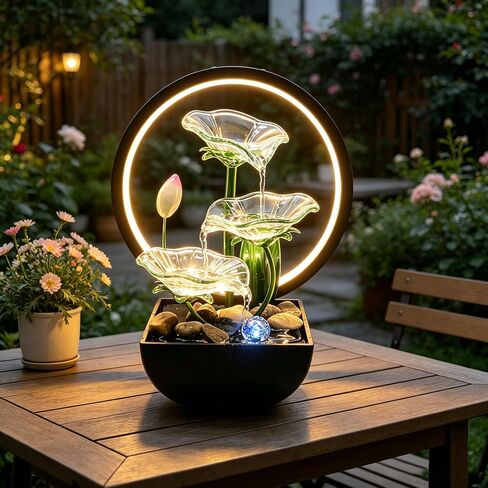 AOZITA Tabletop Water Fountain,3-Tier Transparent Acrylic Lotus Leaf Zen Fountain,Indoor Water Feature with LED Bead,Lotu Bud for Home Office Decor,Relaxing Water Sound,Feng Shui Decor in Kuwait