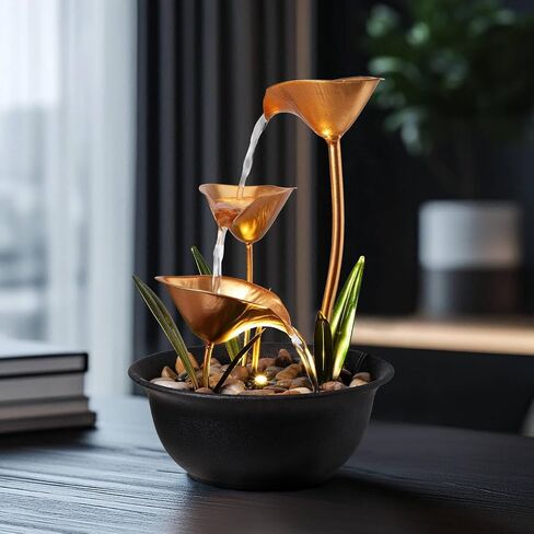 Tabletop Water Fountain Indoor, 10.6" Tiered Bowl Desktop Fountain with LED Light, Modern Zen Metal Waterfall Fountain for Office Desk, Home Office, Bedroom & Living Room Decor, Gold in Saudi Arabia