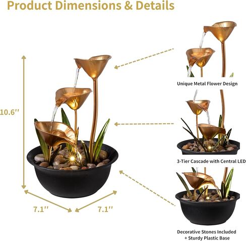 Tabletop Water Fountain Indoor, 10.6" Tiered Bowl Desktop Fountain with LED Light, Modern Zen Metal Waterfall Fountain for Office Desk, Home Office, Bedroom & Living Room Decor, Gold in Saudi Arabia