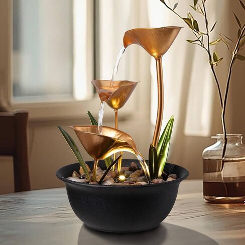 Tabletop Water Fountain Indoor, 10.6" Tiered Bowl Desktop Fountain with LED Light, Modern Zen Metal Waterfall Fountain for Office Desk, Home Office, Bedroom & Living Room Decor, Gold in Saudi Arabia