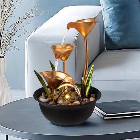Tabletop Water Fountain Indoor, 10.6" Tiered Bowl Desktop Fountain with LED Light, Modern Zen Metal Waterfall Fountain for Office Desk, Home Office, Bedroom & Living Room Decor, Gold in Saudi Arabia