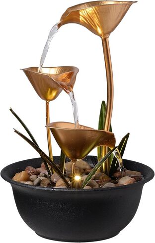 Tabletop Water Fountain Indoor, 10.6" Tiered Bowl Desktop Fountain with LED Light, Modern Zen Metal Waterfall Fountain for Office Desk, Home Office, Bedroom & Living Room Decor, Gold in Saudi Arabia