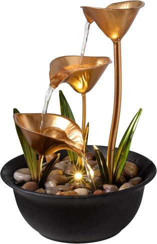 Tabletop Water Fountain Indoor, 10.6" Tiered Bowl Desktop Fountain with LED Light, Modern Zen Metal Waterfall Fountain for Office Desk, Home Office, Bedroom & Living Room Decor, Gold in Saudi Arabia