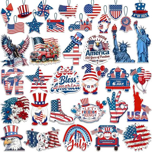 36 Pcs 4th of July Ornaments for Tree Wooden Patriotic Ornaments Memorial Day Tree Decorations 250th USA Anniversary Ornaments Red White Blue Independence Day Hanging Home Party Decor in Saudi Arabia