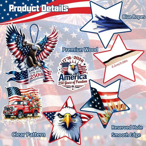 36 Pcs 4th of July Ornaments for Tree Wooden Patriotic Ornaments Memorial Day Tree Decorations 250th USA Anniversary Ornaments Red White Blue Independence Day Hanging Home Party Decor in Saudi Arabia