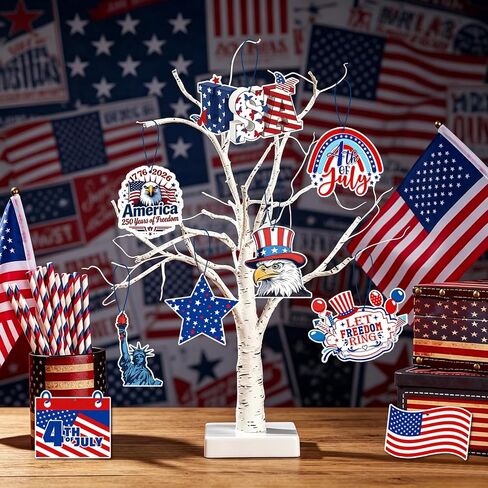 36 Pcs 4th of July Ornaments for Tree Wooden Patriotic Ornaments Memorial Day Tree Decorations 250th USA Anniversary Ornaments Red White Blue Independence Day Hanging Home Party Decor in Saudi Arabia