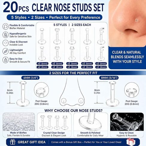 20PCS 16G Clear Push-In Nose Studs for Work, Bioflex Nose Piercing Retainers, Hypoallergenic Plastic Labret Stud Earrings, Invisible Nose Rings for Surgery Sports School, 5 Styles, 6mm & 8mm in Saudi Arabia