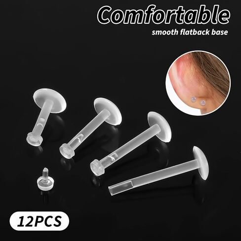 12 قطعة من مجوهرات ثقب Labret 16 جرام من الأقراط البلاستيكية الشفافة للجراحة Bioflex دفع مسطح في أقراط شفافة للعمل الرياضي Monroe Helix Tragus الشفاه ثقب المجوهرات Labret ترصيع للأذنين 4 أحجام in Kuwait