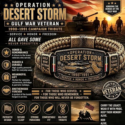 Operation Desert Storm Veteran Bracelet, Gulf War Veteran Paracord Bracelet, Military Commemorative Wristband, Veterans Day Gift for Army Navy Air Force Marines, Patriotic Military Keepsake in Kuwait