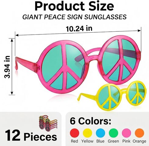 12 Pieces Jumbo Plastic Sunglasses, Peace Shape Oversized Sunglasses Novelty Clown Props Party Sunglasses Giant Funny Glasses for Festival Costume Photo Booth Cosplay Party Supplies Accessories in Saudi Arabia