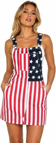 American Flag Overall Dress for Women, 4th of July Outfit, Patriotic Red White and Blue Festival Dress with Pockets in Saudi Arabia