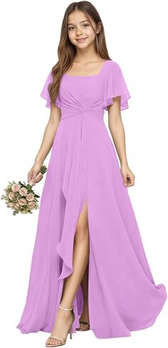 Square Neck Junior Bridesmaid Dresses Pleated Chiffon Flower Girl Dresses for Wedding A-Line Slit Teen Formal Dress in Saudi Arabia