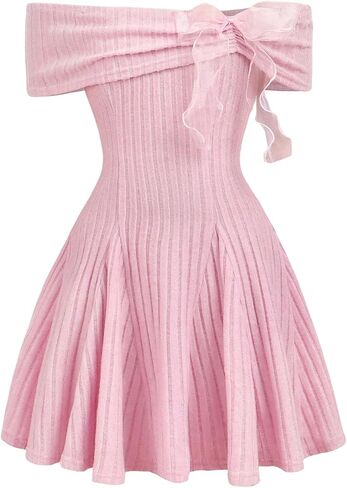 OYOANGLE Girl's Off the Shoulder Bow Ribbed Ruffle Dress Short Sleeve A Line Birthday Party Dresses in Kuwait