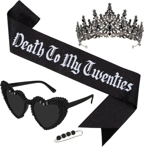 Death to My 20s Birthday Decorations for Women, 30th Birthday Crown Sash Sunglasses Set, Gothic Black Rip 20s Birthday Party Supplies for Her in Saudi Arabia