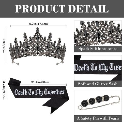 Death to My 20s Birthday Decorations for Women, 30th Birthday Crown Sash Sunglasses Set, Gothic Black Rip 20s Birthday Party Supplies for Her in Saudi Arabia