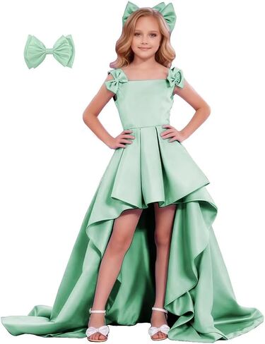 dideyttawl High-Low Junior Bridesmaid Dresses for Girls Pleated Satin A-Line Bow Straps Pageant Formal Party Dress 2536 in Kuwait
