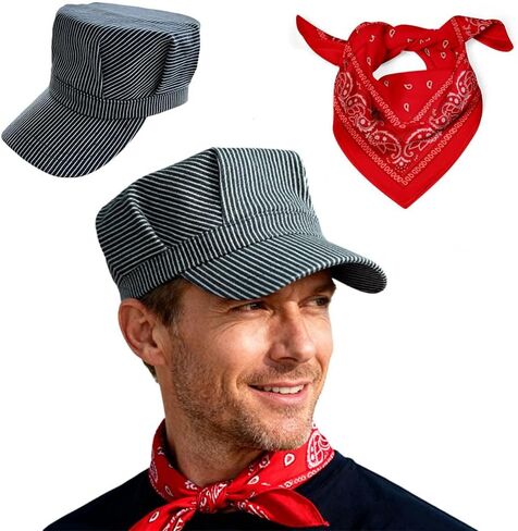 Train Conductor Hat With Paisley Bandana Adult 2PCS-Halloween Train Conductor Costume Kit With Conductor Hat&Kerchief for Dress Up Cosplay,Birthday Party,Masquerade Balls,Christmas in Kuwait
