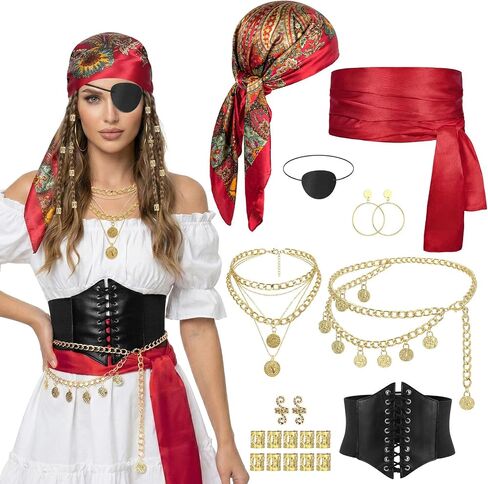 Womens Pirate Costume Accessories Set - 19PCS Pirate Head Scarf Sash Corset Waist Chain for Halloween Cosplay Party in Saudi Arabia