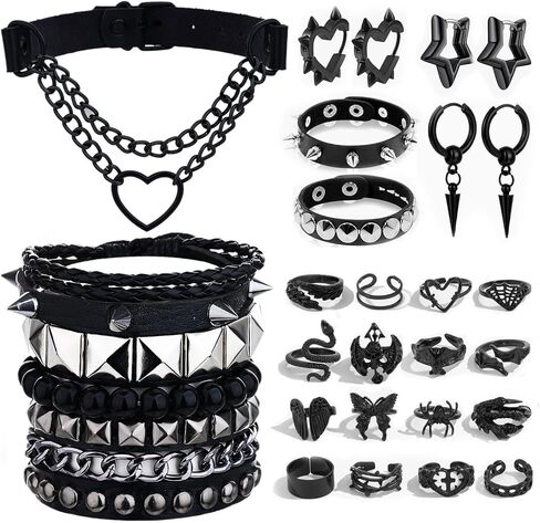 26 Pcs Gothic Punk Jewelry Set for Women & Men - Y2K Emo Goth Grunge Accessories Kit with Leather Studded Bracelets, Heart Chain Chokers, Black Earrings & Vintage Rings | Rock Outfit Gift in Kuwait