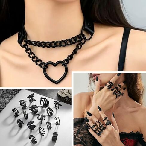 26 Pcs Gothic Punk Jewelry Set for Women & Men - Y2K Emo Goth Grunge Accessories Kit with Leather Studded Bracelets, Heart Chain Chokers, Black Earrings & Vintage Rings | Rock Outfit Gift in Kuwait