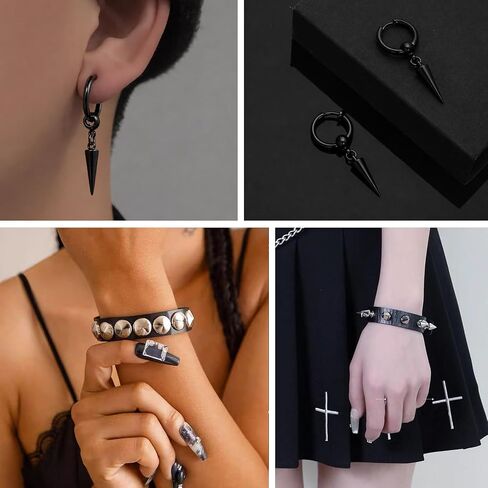 26 Pcs Gothic Punk Jewelry Set for Women & Men - Y2K Emo Goth Grunge Accessories Kit with Leather Studded Bracelets, Heart Chain Chokers, Black Earrings & Vintage Rings | Rock Outfit Gift in Kuwait