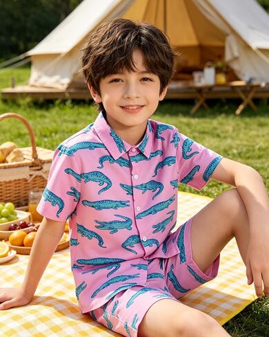 Cozople Boys Hawaiian Shirt Short Sleeve Button Down 3D Print Tropical Aloha Luau Shirts for Kids Summer Beach 5-14 Years in Kuwait