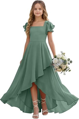 Junior Bridesmaid Dresses Ruffle Sleeve Chiffon Flower Girl Dress Princess Pageant Prom Gown in Saudi Arabia