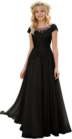Junior Bridesmaid Dresses Lace Applique Chiffon Flower Girl Dress for Wedding Short Sleeve Girls Formal Dress in Saudi Arabia