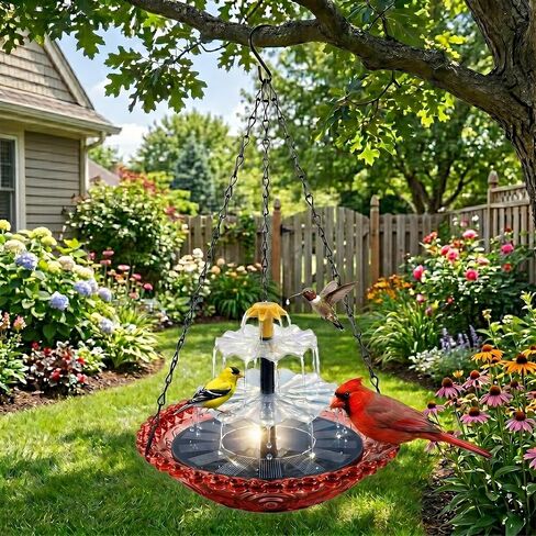 2026 Solar Cascade Hanging Bird Bath Fountain, Solar Fountain Pump with 8 Nozzles, Hanging Bird Bath with Water for Outdoors Garden Patio Backyard Lawn Decor (Blue) in Kuwait