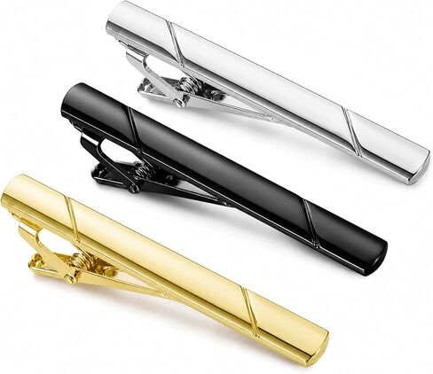 Roctee 3 Pack Tie Clips For Men, 2.3" (58mm) Metal Tie Bar Set For Regular Ties, Premium Spring Clasp Necktie Clips For Suit, Wedding, Business & Father Day Gift (Silver, Gold, Black) in Kuwait