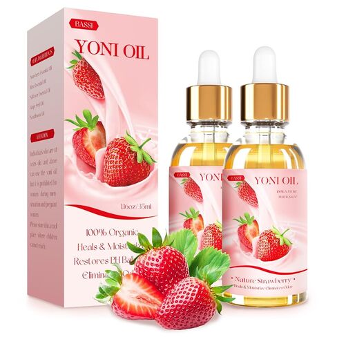 BASSI 2PCS Yoni Oil Organic Feminine Oil Vaginal Moisturizer - Ph Balance for Women - Feminine Deodorant - Eliminates Odor With Strawberry Essential Oil, All Natural Yoni Oil (Strawberry) in Saudi Arabia