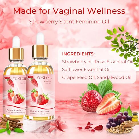 BASSI 2PCS Yoni Oil Organic Feminine Oil Vaginal Moisturizer - Ph Balance for Women - Feminine Deodorant - Eliminates Odor With Strawberry Essential Oil, All Natural Yoni Oil (Strawberry) in Saudi Arabia