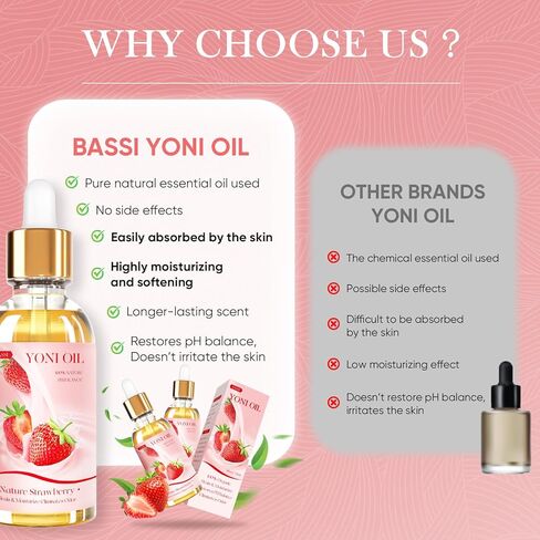 BASSI 2PCS Yoni Oil Organic Feminine Oil Vaginal Moisturizer - Ph Balance for Women - Feminine Deodorant - Eliminates Odor With Strawberry Essential Oil, All Natural Yoni Oil (Strawberry) in Saudi Arabia