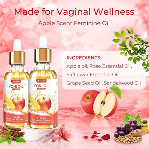 BASSI 3PCS Yoni Oil Organic Feminine Oil Vaginal Moisturizer - Ph Balance for Women - Eliminates Odor Feminine Deodorant - Soothes Ingrown Hair with Strawberry Peach Apple Essential Oil, 1 fl oz/pc in Saudi Arabia