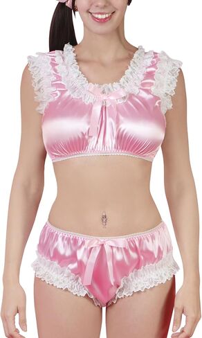 بلوفر Littleforbig للجنسين من الساتان اللامع والمكشكش والمكشكش وسروال قصير ملابس داخلية Sissy Baby Bralette Set باللون الوردي in Kuwait