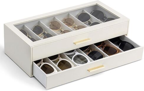 VLANDO 12-Slot Sunglasses Organizer Case, Large Capacity Eyeglass Storage Box with Clear Lid & 2 Drawers, PU Leather Sunglass Holder for Women Men, Ideal Gift for Eyewear Lovers - Beige in Kuwait