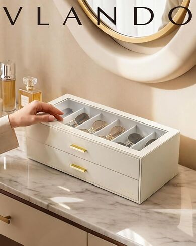 VLANDO 12-Slot Sunglasses Organizer Case, Large Capacity Eyeglass Storage Box with Clear Lid & 2 Drawers, PU Leather Sunglass Holder for Women Men, Ideal Gift for Eyewear Lovers - Beige in Kuwait