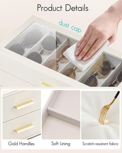 VLANDO 12-Slot Sunglasses Organizer Case, Large Capacity Eyeglass Storage Box with Clear Lid & 2 Drawers, PU Leather Sunglass Holder for Women Men, Ideal Gift for Eyewear Lovers - Beige in Kuwait