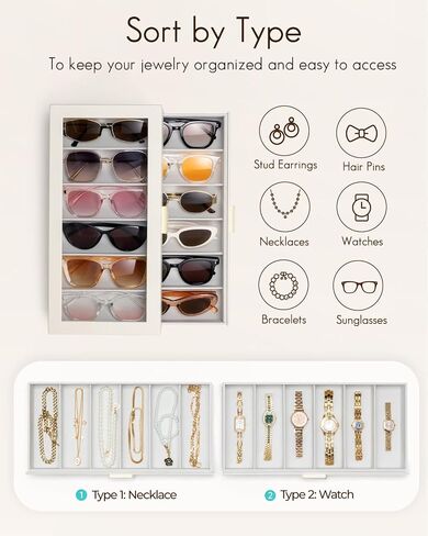 VLANDO 12-Slot Sunglasses Organizer Case, Large Capacity Eyeglass Storage Box with Clear Lid & 2 Drawers, PU Leather Sunglass Holder for Women Men, Ideal Gift for Eyewear Lovers - Beige in Kuwait