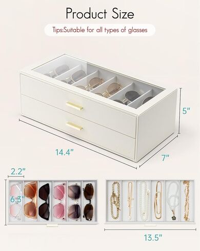 VLANDO 12-Slot Sunglasses Organizer Case, Large Capacity Eyeglass Storage Box with Clear Lid & 2 Drawers, PU Leather Sunglass Holder for Women Men, Ideal Gift for Eyewear Lovers - Beige in Kuwait