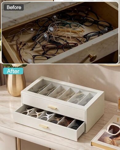VLANDO 12-Slot Sunglasses Organizer Case, Large Capacity Eyeglass Storage Box with Clear Lid & 2 Drawers, PU Leather Sunglass Holder for Women Men, Ideal Gift for Eyewear Lovers - Beige in Kuwait