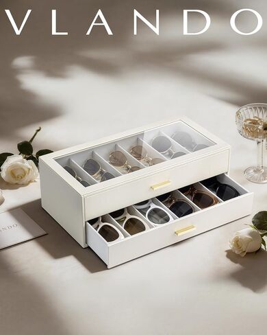 VLANDO 12-Slot Sunglasses Organizer Case, Large Capacity Eyeglass Storage Box with Clear Lid & 2 Drawers, PU Leather Sunglass Holder for Women Men, Ideal Gift for Eyewear Lovers - Beige in Kuwait