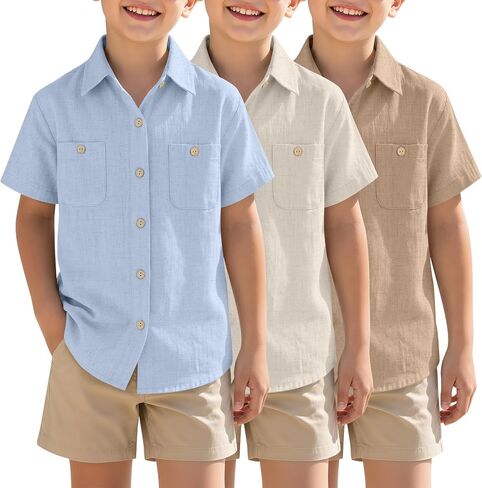 3 Pack Boys' Button Down Shirts Linen Short Sleeve Dress Shirts Kids Summer Casual School Uniform with Two Pockets in Kuwait